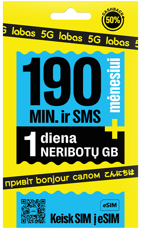 Labas 190min, 190sms, neriboti gb dienai pakuotė