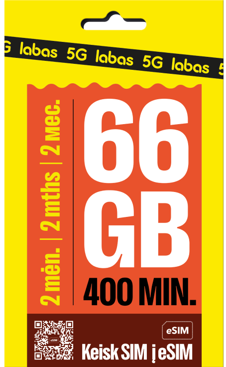 Pakuotė: 2 MĖNESIAI 66 GB + 400 MIN.